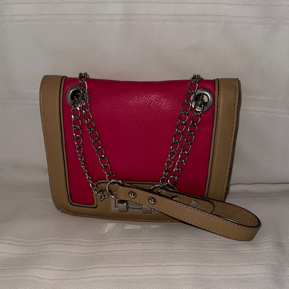 Viktor Elegant Pink and Tan Faux Ostrich Crossbody Bag